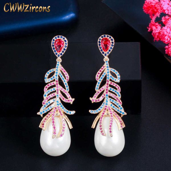 elegant design multicolor cubic zirconia dangle long pearl drop earrings for women gold color party jewelry cz876 210714, Silver